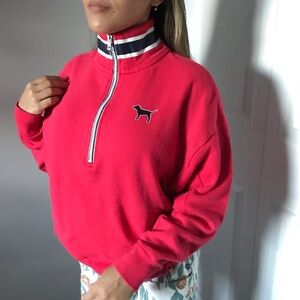 PINK VS High Collar 1/4 zip Red 86 Logo Print Pullover Sweatshirt | L